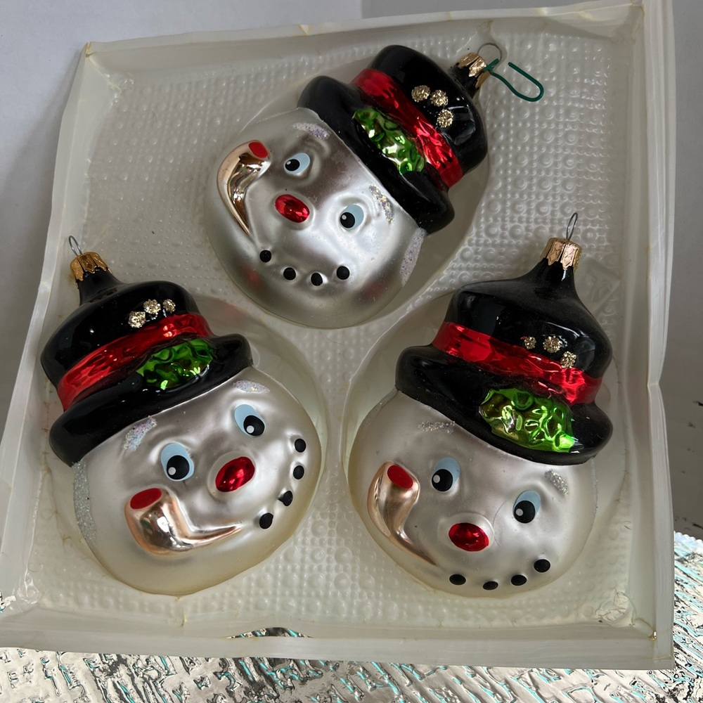 3 Vintage Hand Blown Glass Christmas Ornaments Snowman Kurt Adler Kringle balls